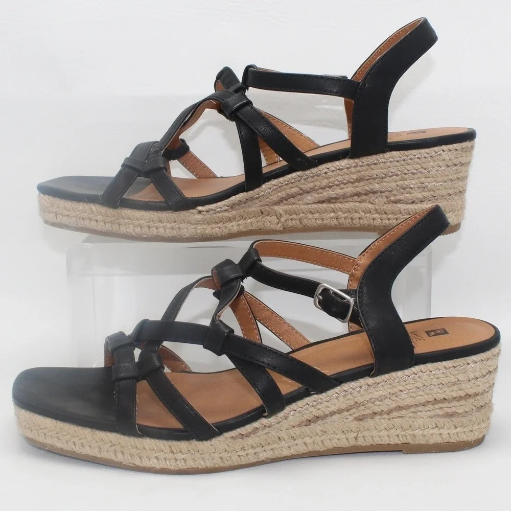 White Mountain Swayze Black Strappy Espadrille Wedge Sandals Womens 10M‎